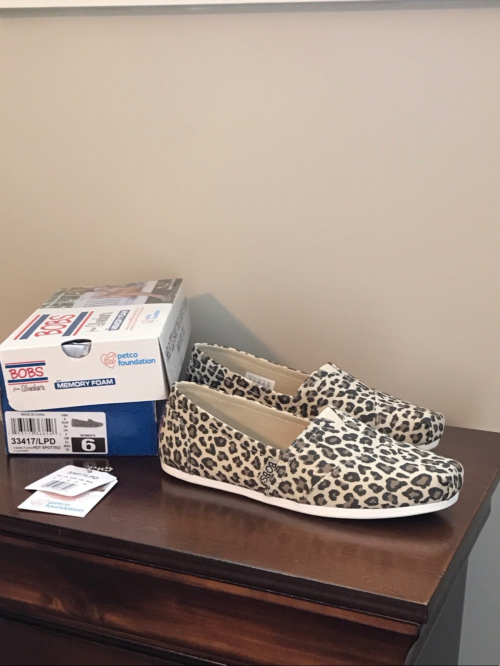 BOBS from Skechers Leopard Print Slip-On Flats in Beige/Black